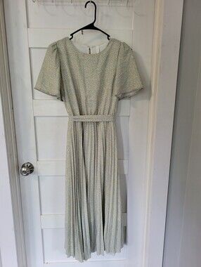 Light Floral Pleated Midi Dress in Soft Yellow and Blue